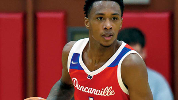 Duncanville High School Panthers forward Ron Holland (1) against the Cardinal Hayes Cardinals during the HoopHall West basketball tournament at Chaparral High School.